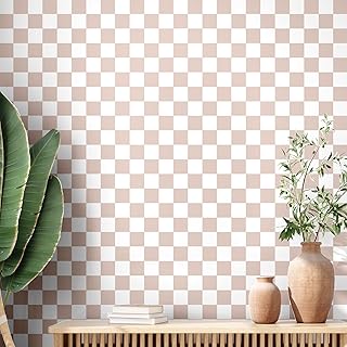 Retro Checkered Peel and Stick Wallpaper 70s Funky Checkered Contact Paper Geometric Waterproof Wallpaper Neutral Checkerboard Decor for Bathroom Cabinet(Light Brown,9.8' X 15.75'')