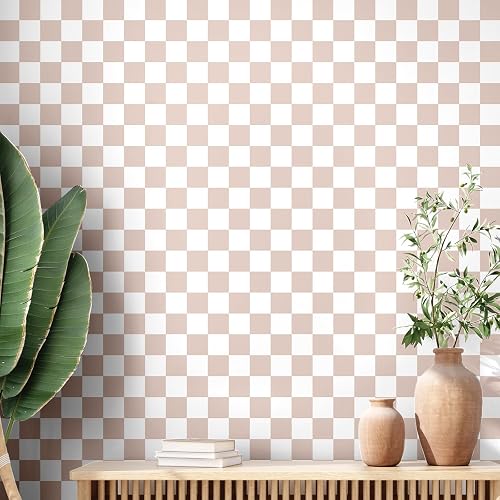 Drydiet Retro Checkered Peel and Stick Wallpaper 70s Funky Checkered Contact Paper Geometric Waterproof Wallpaper Neutral Checkerboard Decor for Bathroom Cabinet(Light Brown,16.4' X 15.75'')