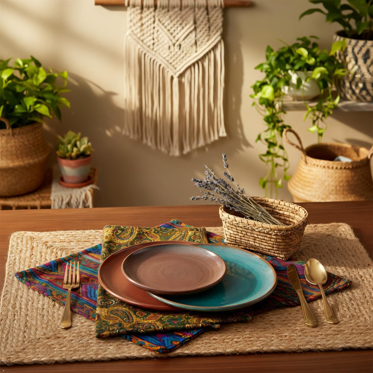Revive Natural Jute Placemats Set of 4 – 17 x 12 inches Rectangular Braided Table Mats with 42 x 13 inches Table Runner, Heat Resistant, Reusable Handmade Eco-Friendly Tablemats for Dinning Table