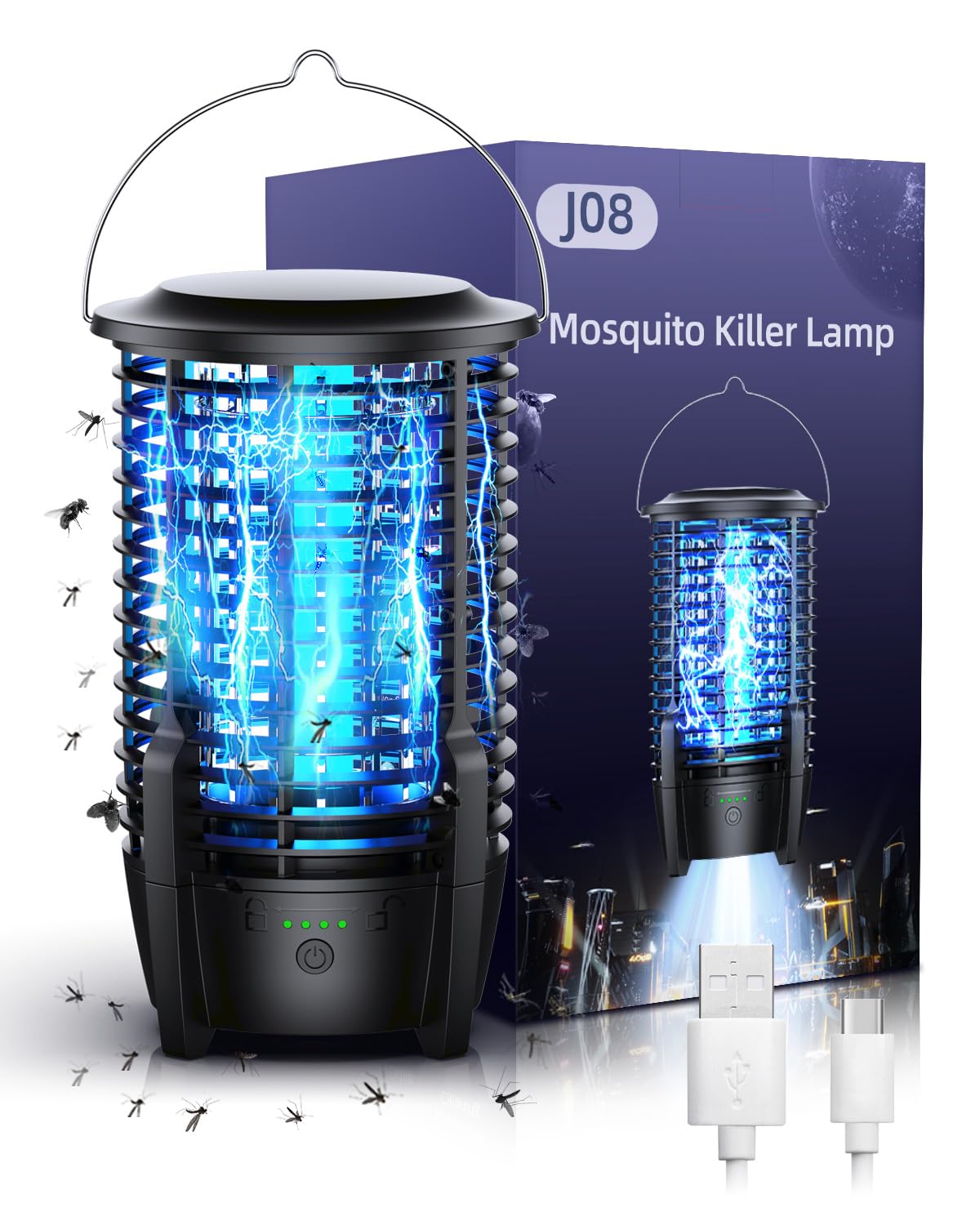 Electric Fly Zapper, 3600mAh Rechargeable Fly Killer Bug Zapper, 2 in 1 UV Mosquito Killer Lamp with LED Light, Portable Mosquito Zapper Insect Trap for Home Indoor Outdoor Camping Backyard