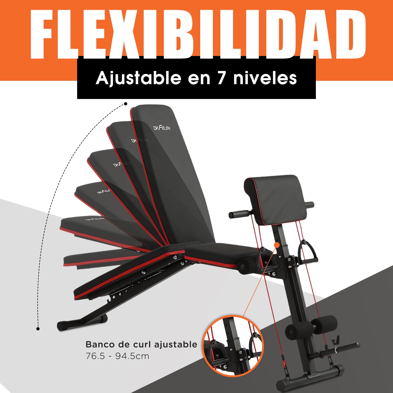 DH FitLife Banco de pesas plegable ajustable, banco inclinado y banco plano para press de banco, entrenador de espalda y abdominales, banco de entrenamiento multifuncional para fitness y fuerza