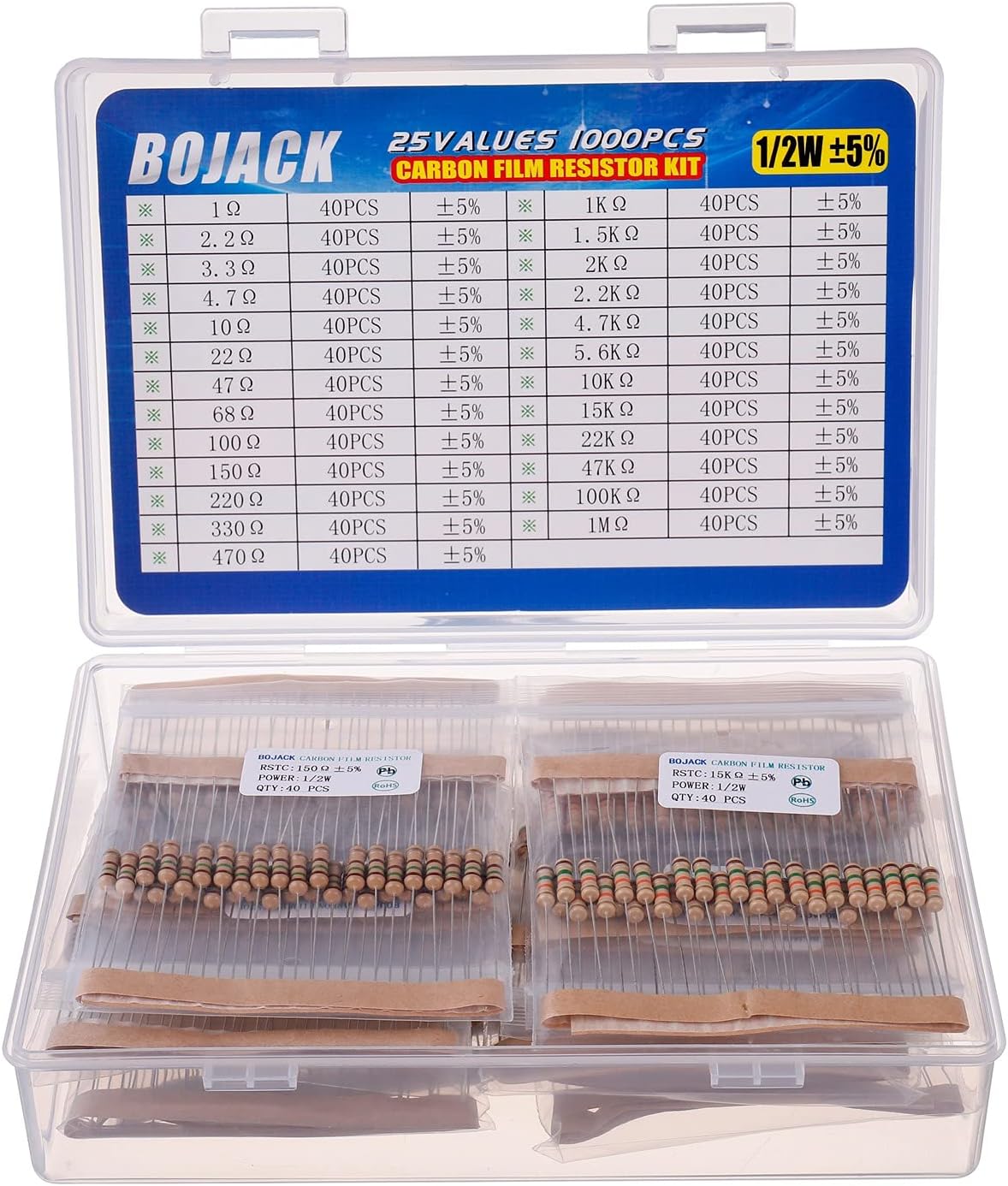 1000 Pcs 25 Values Resistor Kit 1 Ohm-1M Ohm with 5% 1/2W Carbon Film Resistors Assortment