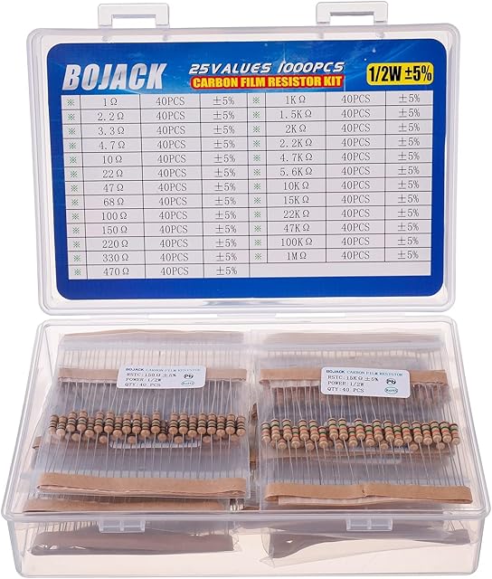 BOJACK Resistor Assortment Kit 1 Ohm - 1M Ohm 1/2W Carbon Film Resistor Assortment Resistor Kit (25 Values 1000 Pcs)