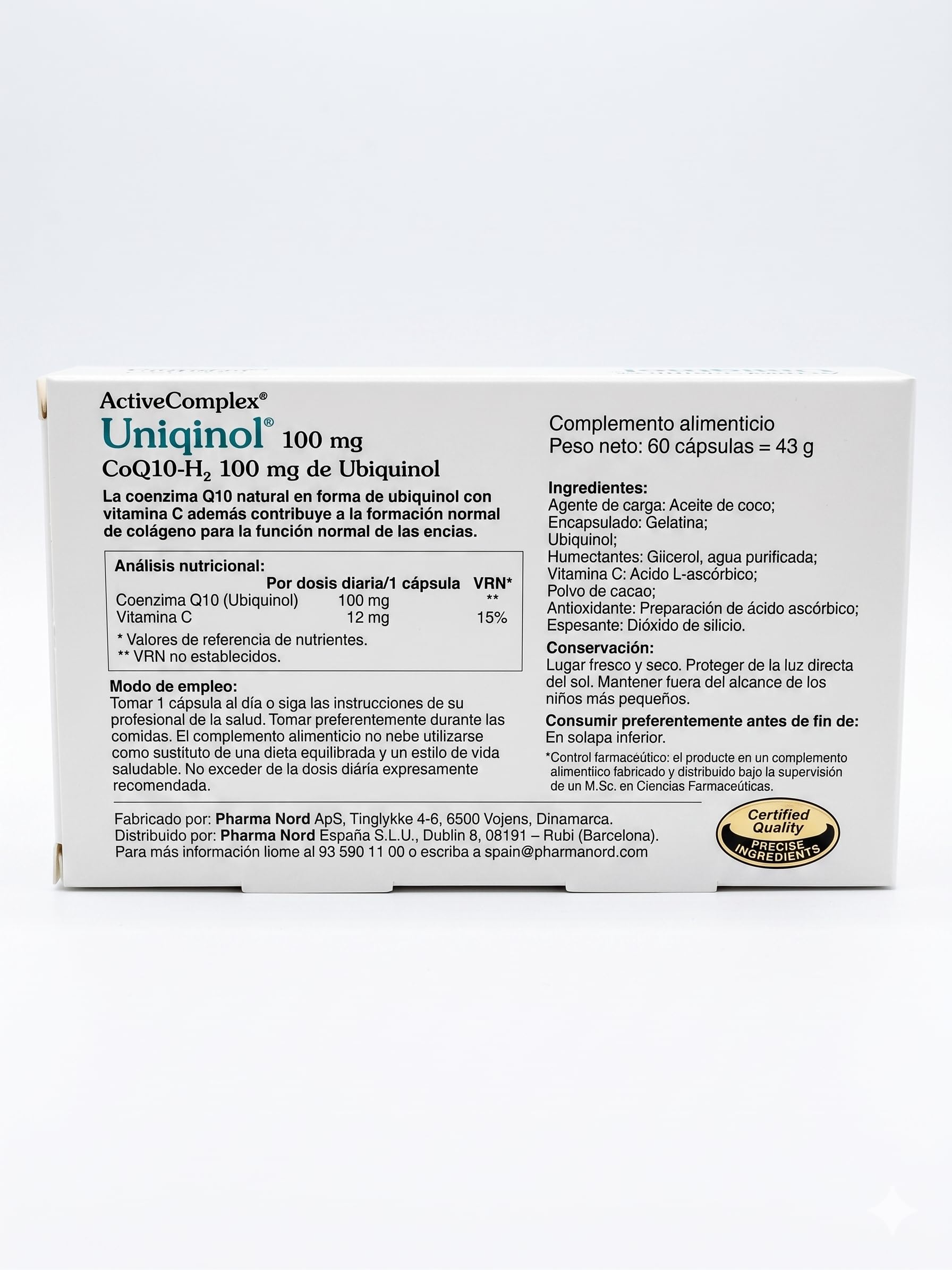 Pharma Nord ActiveComplex Uniqinol 100 mg QH 60 Cápsulas – Coenzima Q10 como Ubiquinol – Metabolismo y Energía
