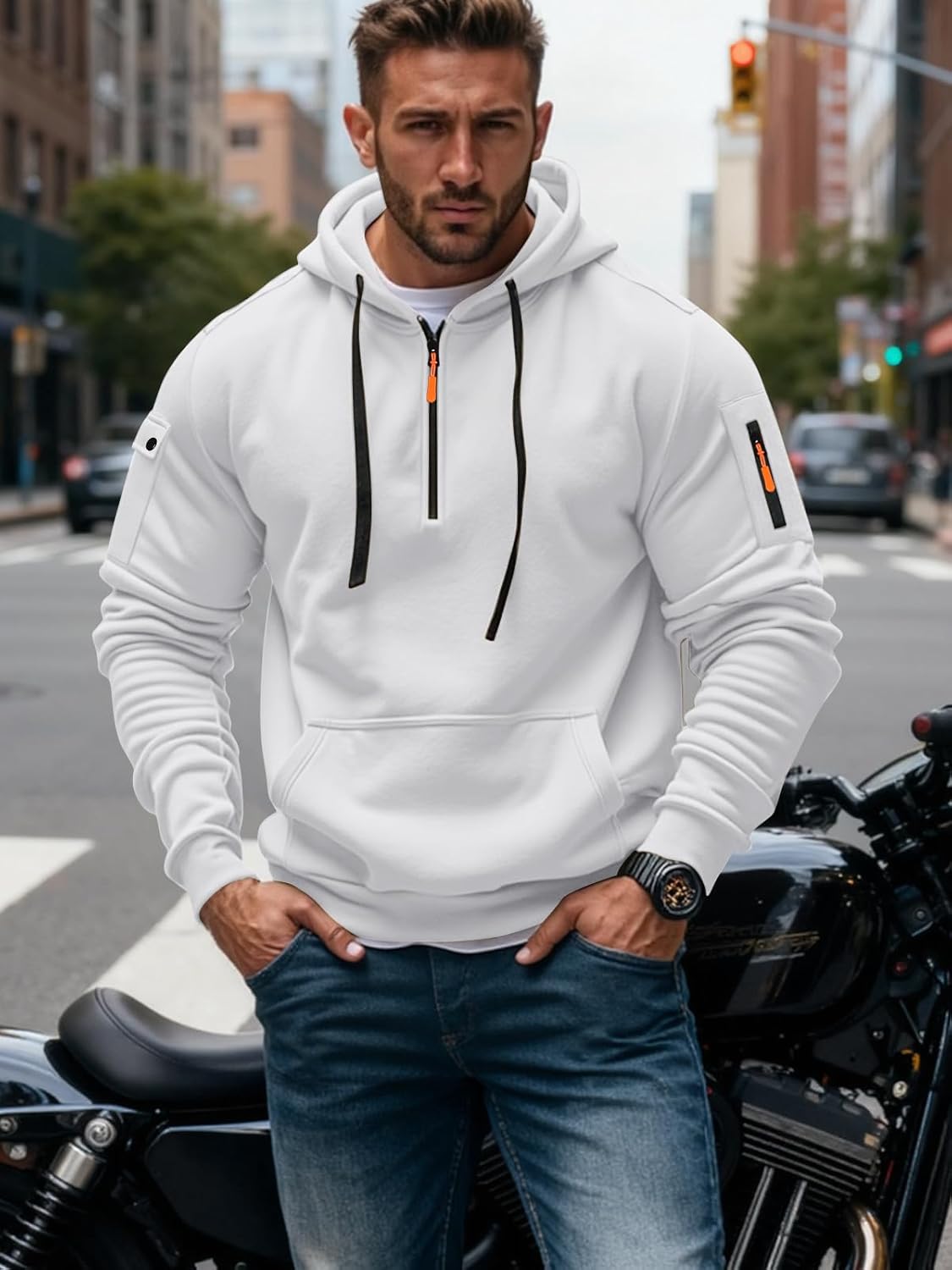 Men's Fleece Workout Athletic Pullover Hoodie Long Sleeve Basic Quarter Zip Pullover Sweatshirt with Kanga Pocket - Image 5