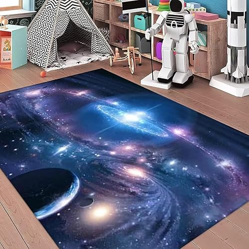 Miniatura 2 de Alfombras de área de planeta, galaxia azul, cielo estrellado, caricaturas, franela con estampado de nebulosa, alfombras lavables para el piso de los