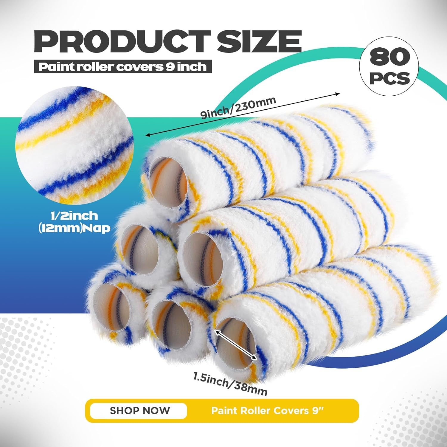Leumoi 80 Pieces 9 Inch Paint Roller Covers 1/2 x 9 Inch Microfiber Paint Brush Roller Kit Naps House Painting Supplies for Wall House Home Repair Tools(Yellow Blue Stripe)