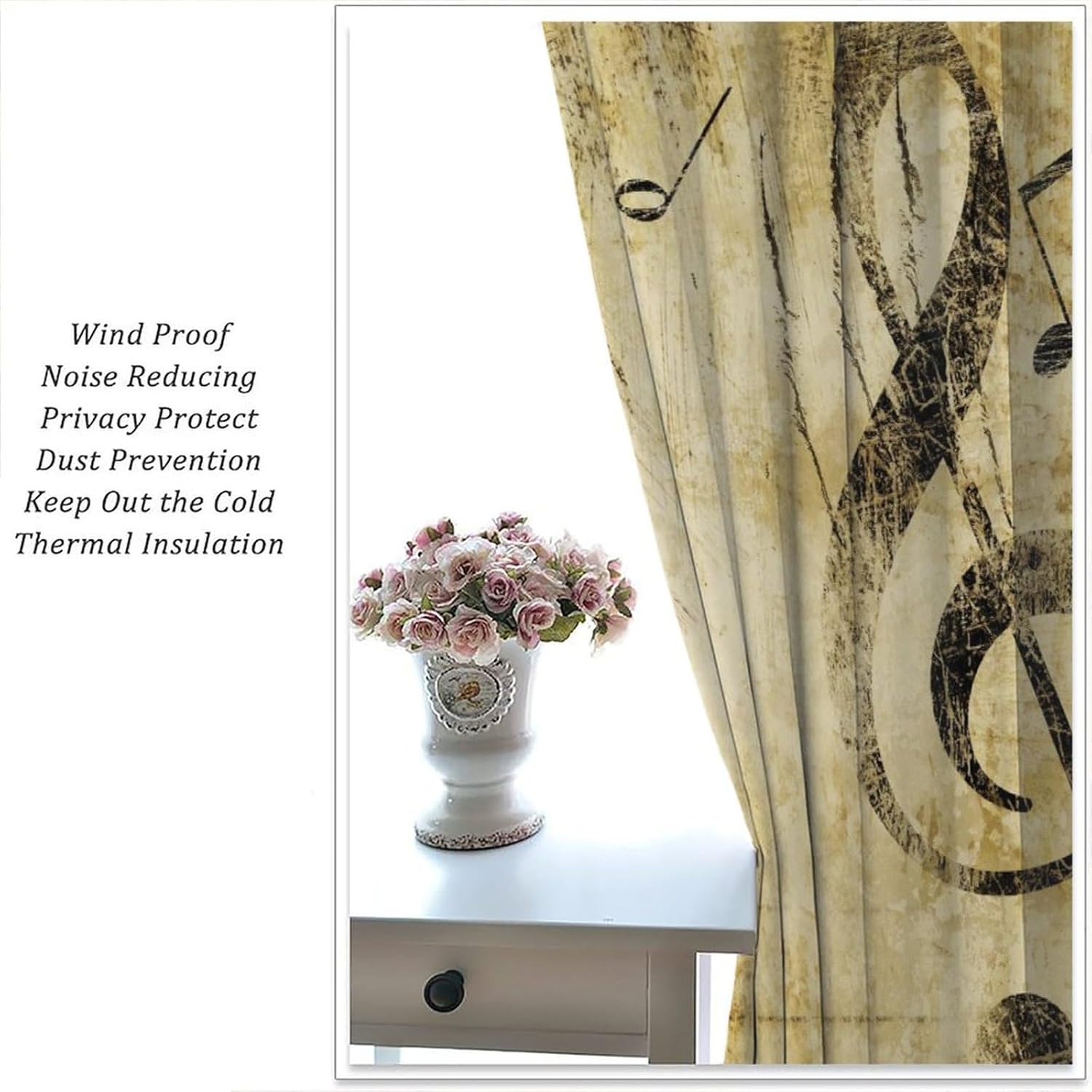 Music Notes Curtains, Vintage Retro Musical Abstract Pattern Window Treatments for Bedroom Living Room Nursery Kids Room Blackout Decorative Drapes 2 Panel Sets,72x63 Inch