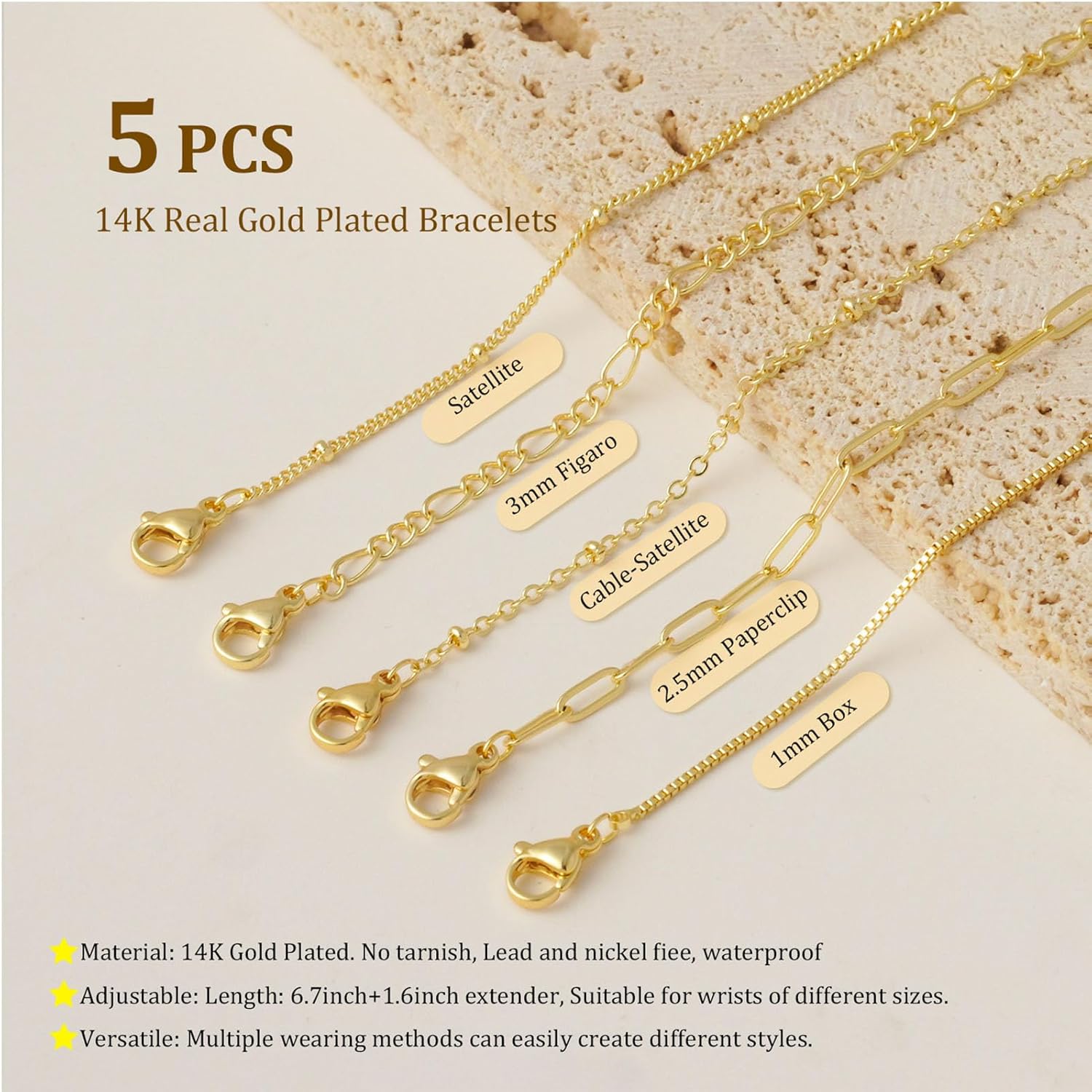 Gold Bracelets for Women, Dainty 14K Gold Plated Bracelet Stack for Women Trendy CZ Tennis Paperclip Cuban Chain Stackable Adjustable Waterproof Link Bracelet Jewelry Set Fashion Accessories Gifts - Image 5