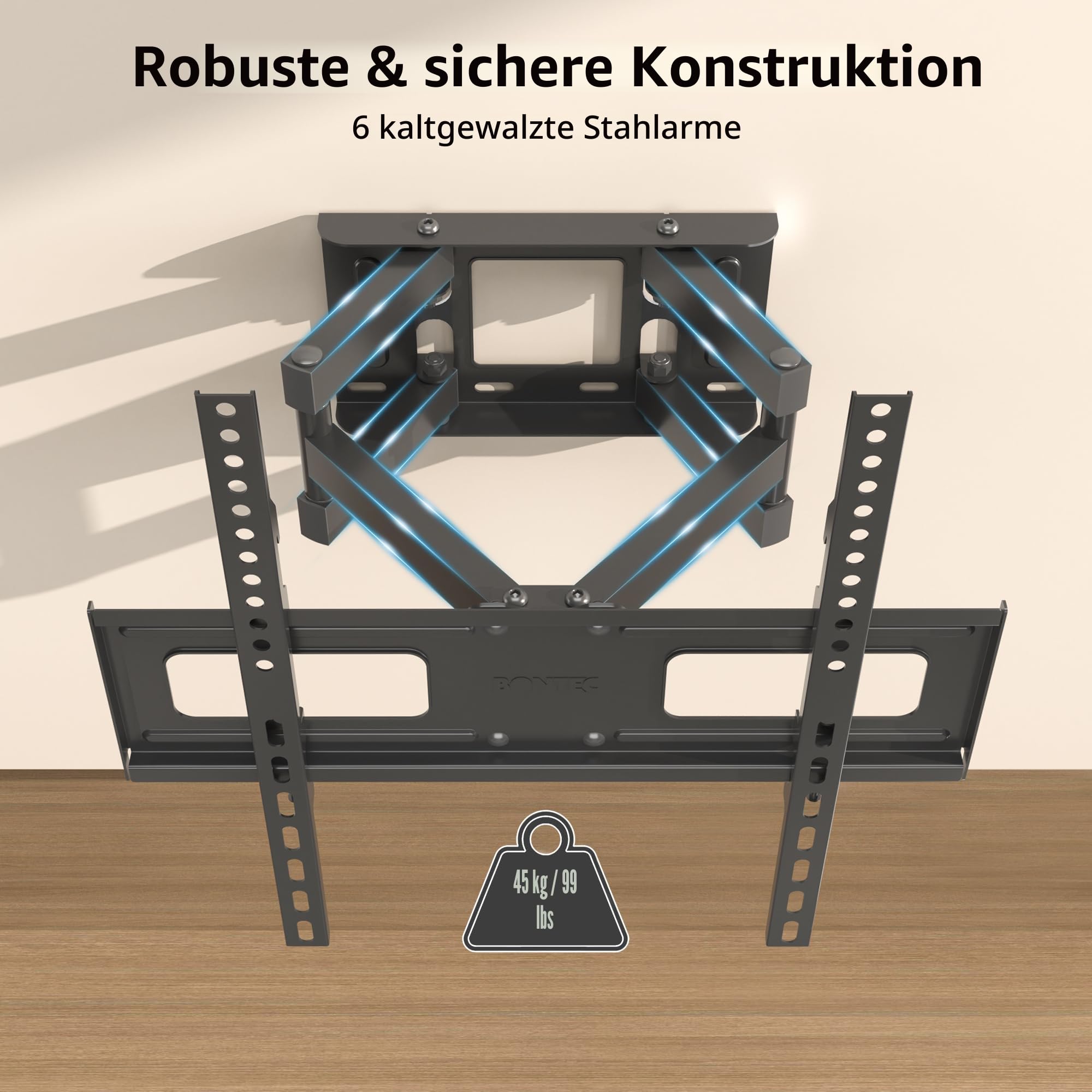 BONTEC TV Wandhalterung Schwenkbare Neigbare TV Halterung Vollbewegung für 23-70 Zoll Flach & Curved LCD LED Fernseher oder Monitor bis zu 45kg, Max VESA 400x400mm