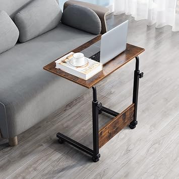 Mobile Side Table Adjustable Rolling Lapdesk Couch End Table with Wheels, Sofa Side Table C Shaped Over Bed Desk, Rolling Bedside Laptop Snack Table Breakfast Tray