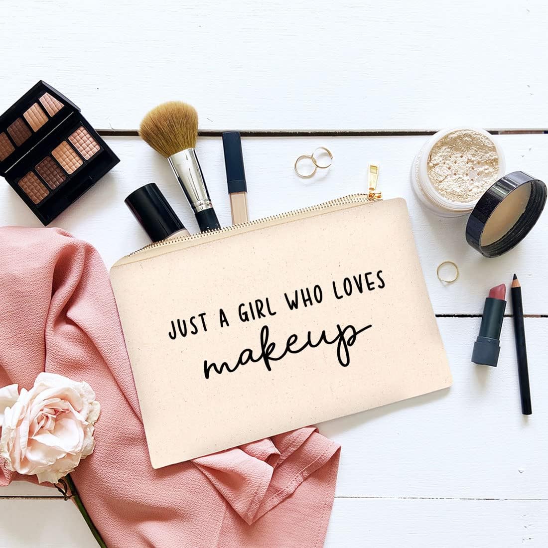 Andaz Press Funny Makeup Bag Canvas Cosmetic Bag with Zipper Just A Girl Who Loves Makeup Makeup Pouch For Purse Travel Pouch Toiletry Bag Funny Pencil Bag Cute Birthday Gifts for Women 6.5 x 9 Inch