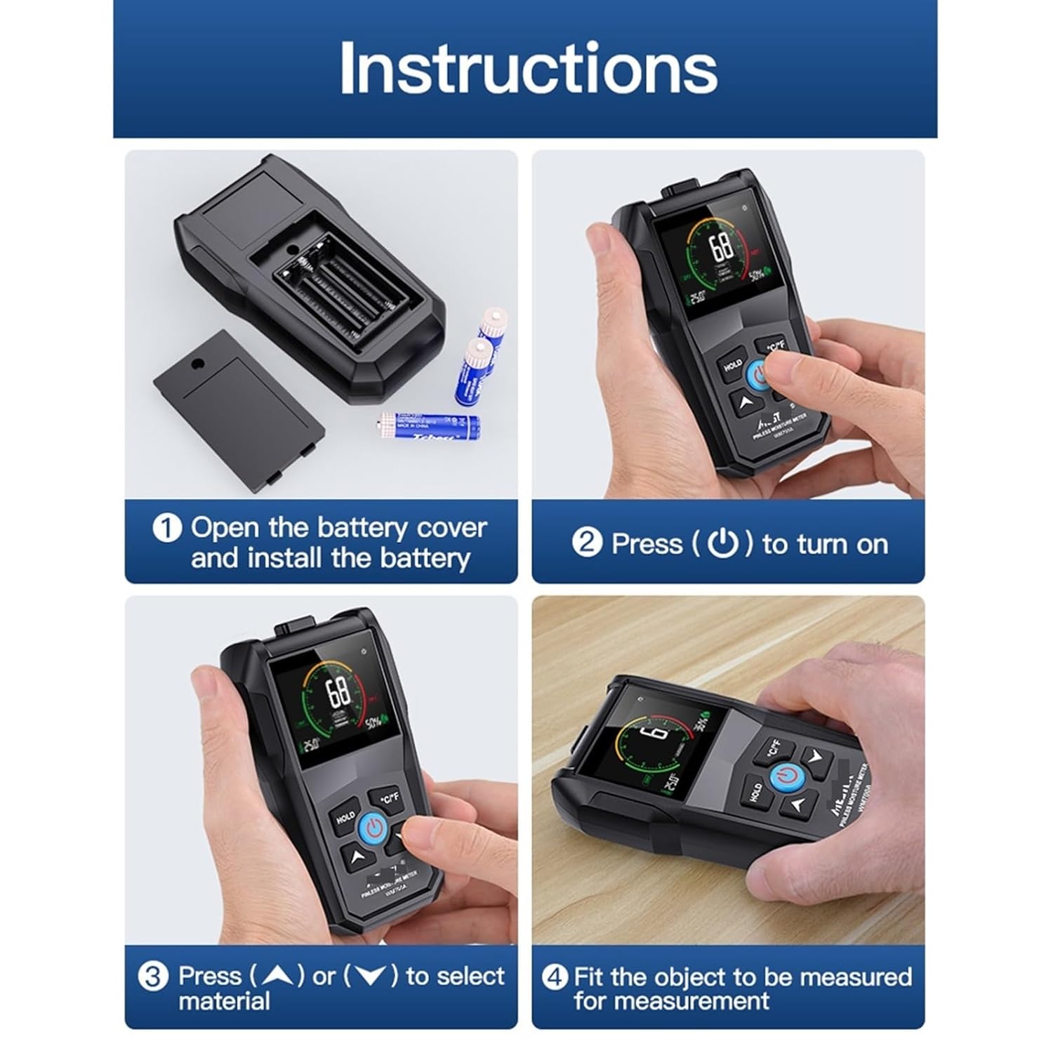 Moisture Meter Wood Moisture Meter Full Angle Display Temperature Humidity Detection Timber Drywall Masonry Pinless Moisture Detector
