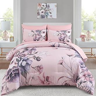 Luxudecor Floral Comforter Set Queen Size 7 Piece, Blush Pink Flower Bed in a Bag, Elegant Comforter Bedding Set for All Season (Blush Pink, 90"x90")OEKO-TEX STANDARD 100