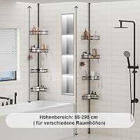 HouseUp Teleszkópos Zuhanysarok Polc - 4 Szintes Állítható Magasságú (86-298 cm) Fürdőszobai Állvány, Fúrás Nélkül, Rozsdamentes Acél, Feket 5