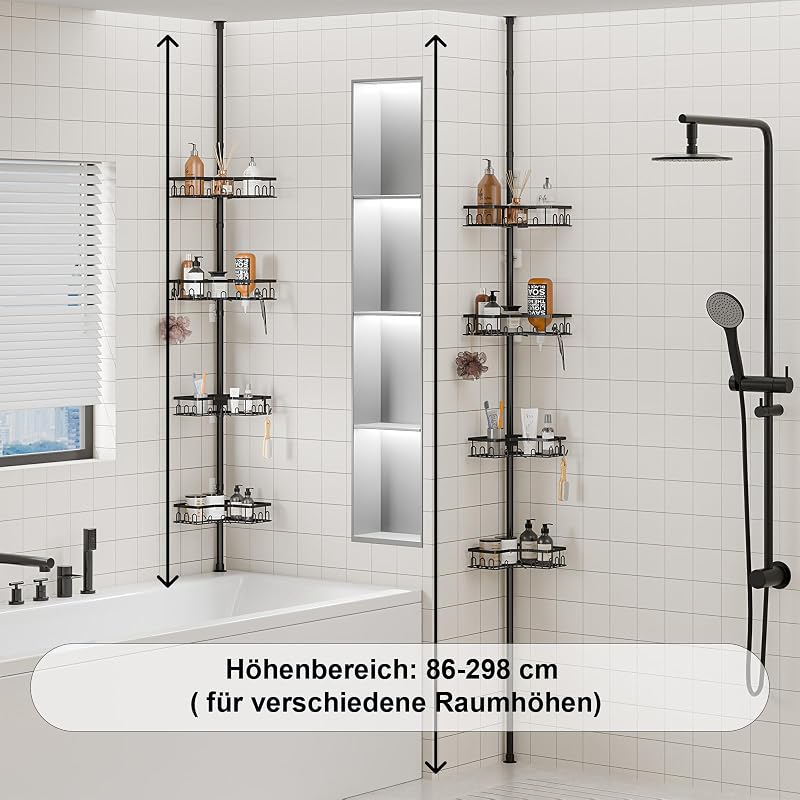 HouseUp Teleszkópos Zuhanysarok Polc - 4 Szintes Állítható Magasságú (86-298 cm) Fürdőszobai Állvány, Fúrás Nélkül, Rozsdamentes Acél, Feket