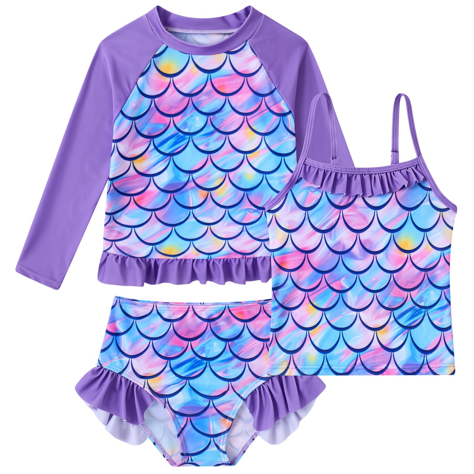 BFUSTYLE Girls Swimsuit 3 Pieces Rash Guard Kids Bathing Suit 3-8 Years | Funny Sun Protection Quick Dry Summer Beach Long Sleeves Swimwear Tankini Set