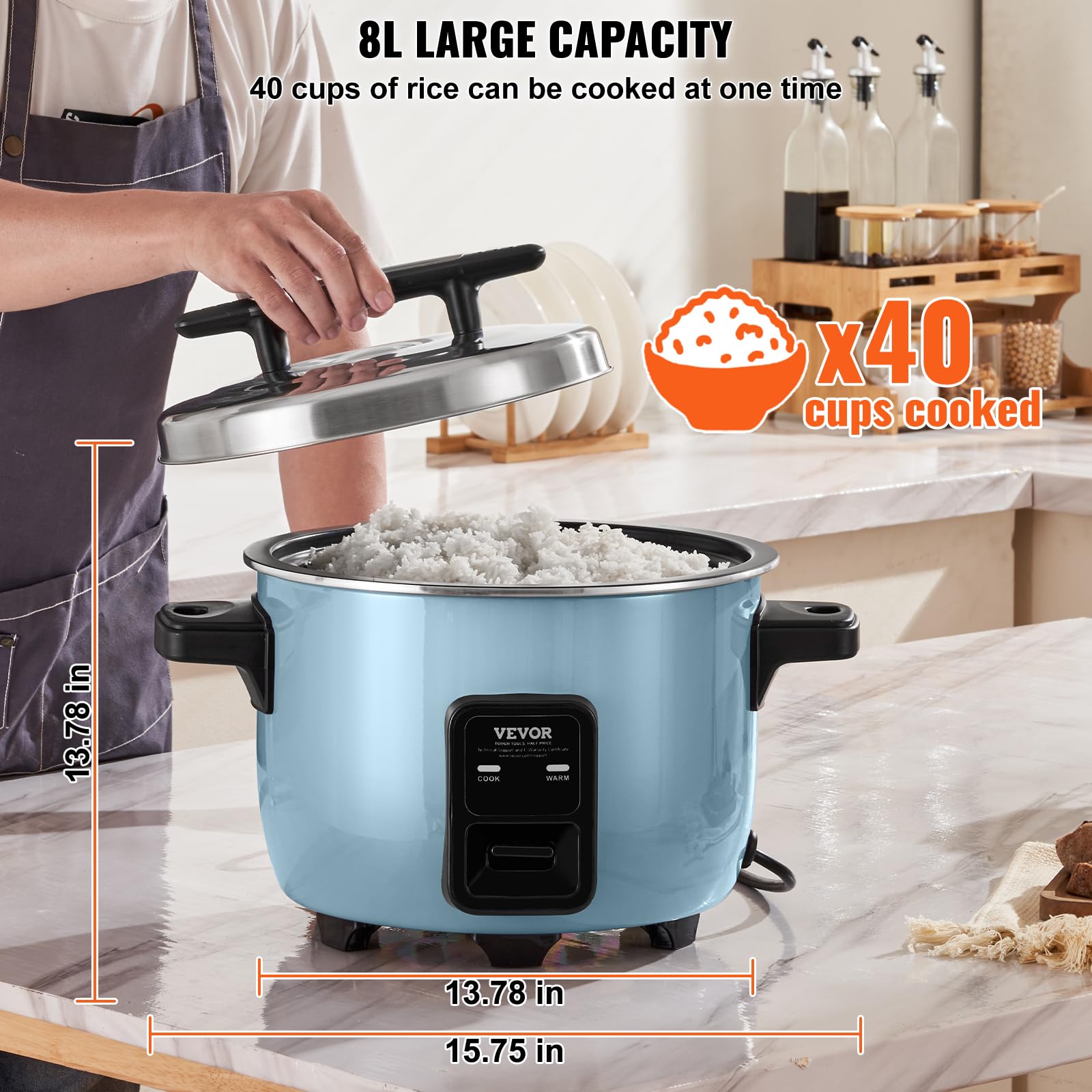VEVOR Cuiseur à Riz Commercial, Auto-cuiseur de Riz 40 Tasses 8 Litres, Grand Pot Intérieur Antiadhésif, Cuisson Rapide, Maintien au Chaud 24 Heures, avec Tasse Doseur et Spatule, pour Restaurant