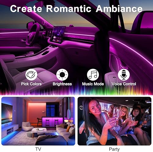 Miniatura 6 de Tira de luces LED para interiores de automóvil, control de aplicación, 5 en 1 RGB 16 millones de colores, kit de iluminación ambiental con fibra