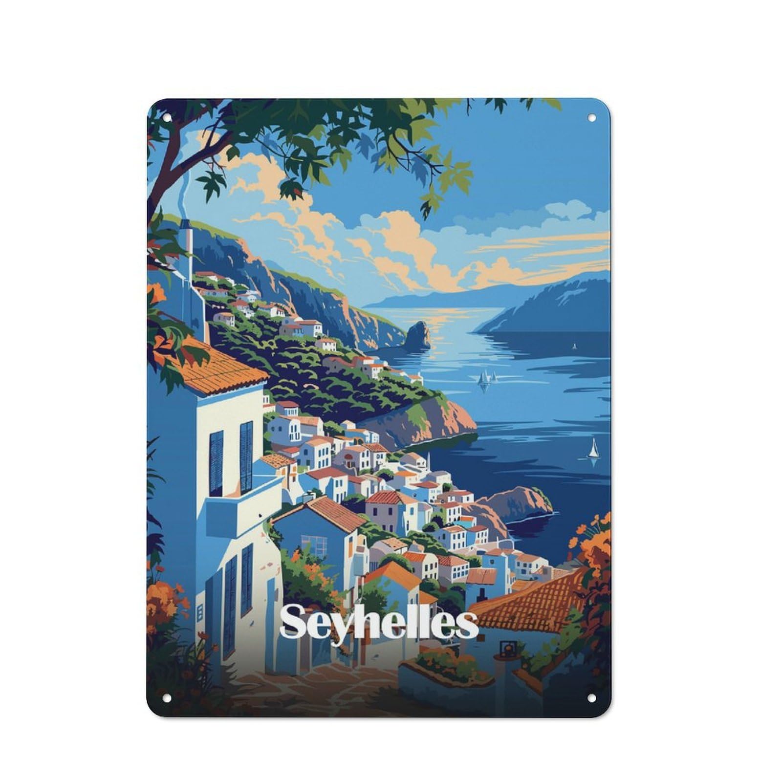 Junmoney Style-9 Seychelles Coastal Town Printed Metal Sign 40X30cm For Café Or Home Bar, For Kitchen And Home Bar Decor, For Cafés, Pubs And Restaurants