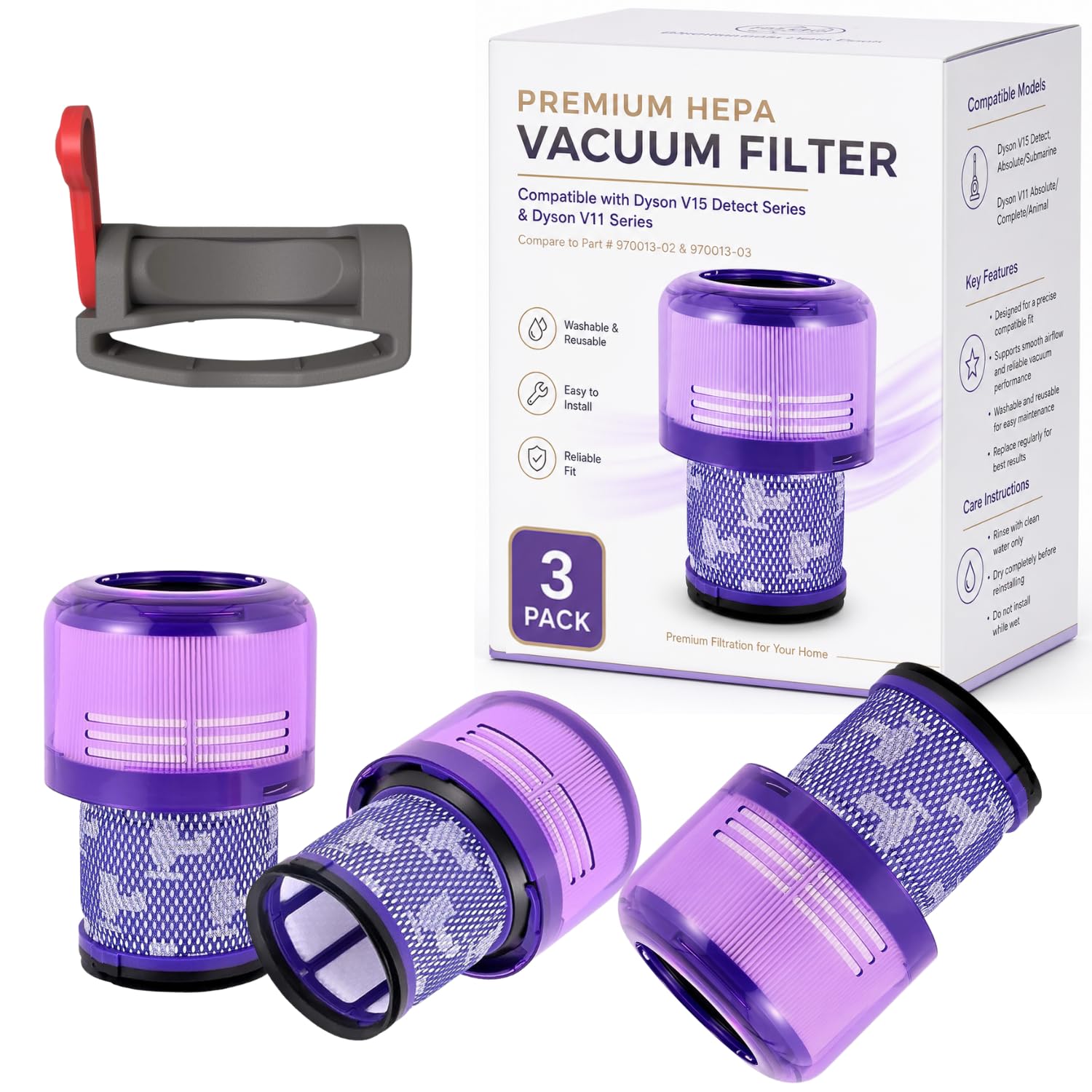 Dyson V11 Filter, 3-Pack Premium True HEPA Replacement Filters for Dyson V11, V11 Animal, V11 Completed/Absolute, Dyson-V15, V15 Filter, V15 Absolute/Submarine with Trigger Clamp, Part no. 970013-02