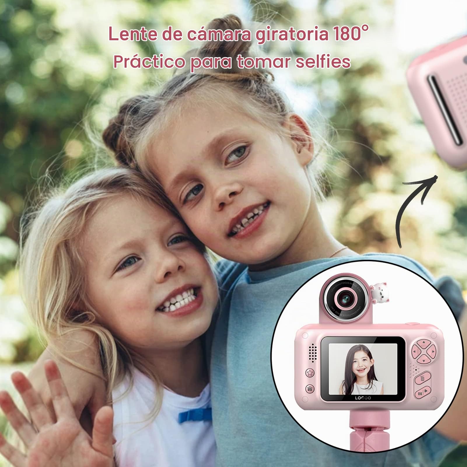 Cámara Digital para Niños, Andoer 1080P Camara Fotos Infantil 40MP Pantalla IPS de 2.4" Lente giratoria de 180 con Trípode, 32GB Tarjeta de Memoria, Regalo para Niños y Niñas de 3 a 12 Años, Rosa
