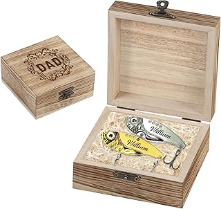 Personalized Engraved 2 Pcs Dad Fish Shape Fishing Lures with Wooden Box Set, Custom Name Father's Day Metal Fishing Lure Hook for Men Husband, Fathers Day Christmas Fisherman Gift for Dad