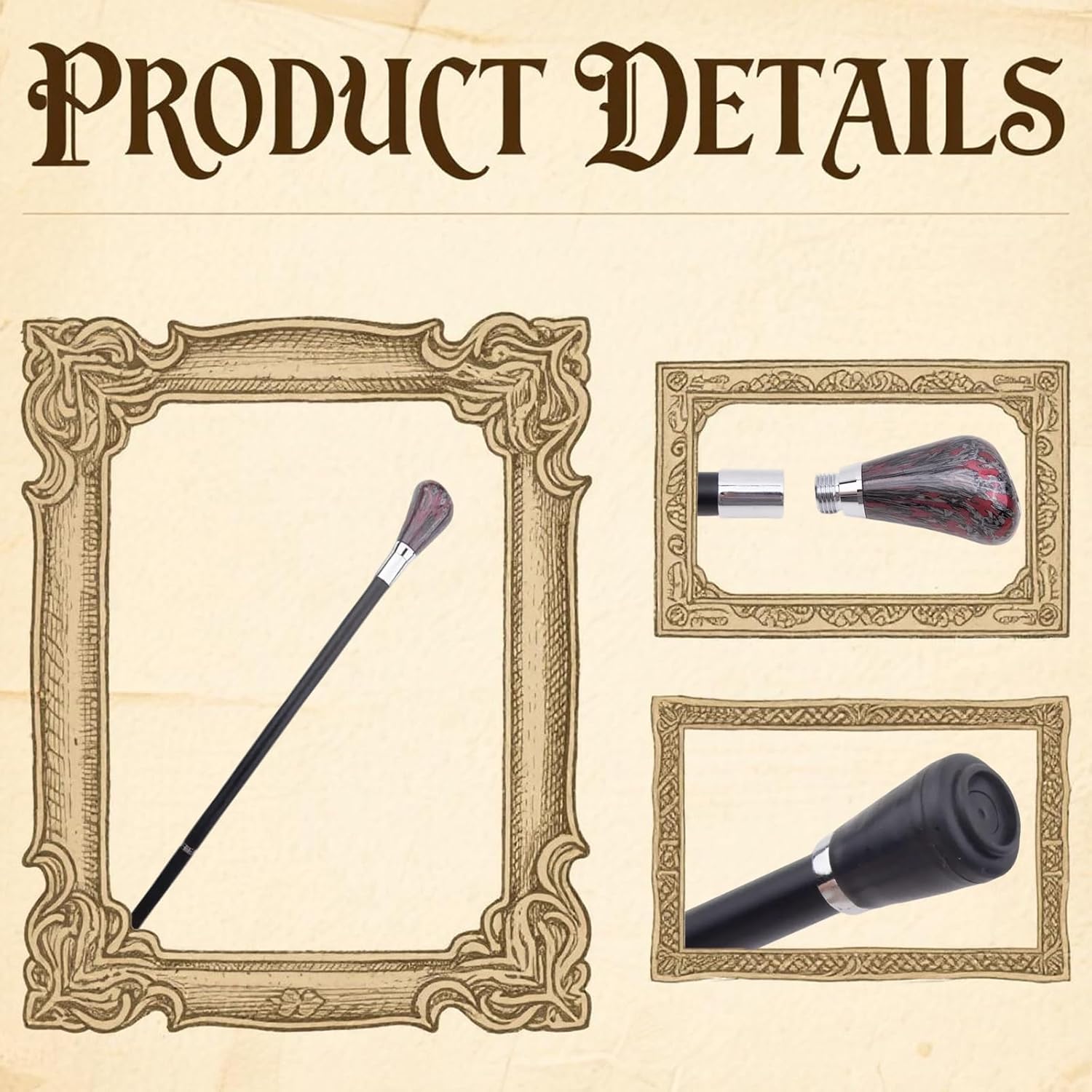 Red Golden Gear Lever Luxury Metal Cane, Double-Jointed Outdoor Trekking Poles, Elderly Walking Stick, Halloween Christmas Cosplay Props