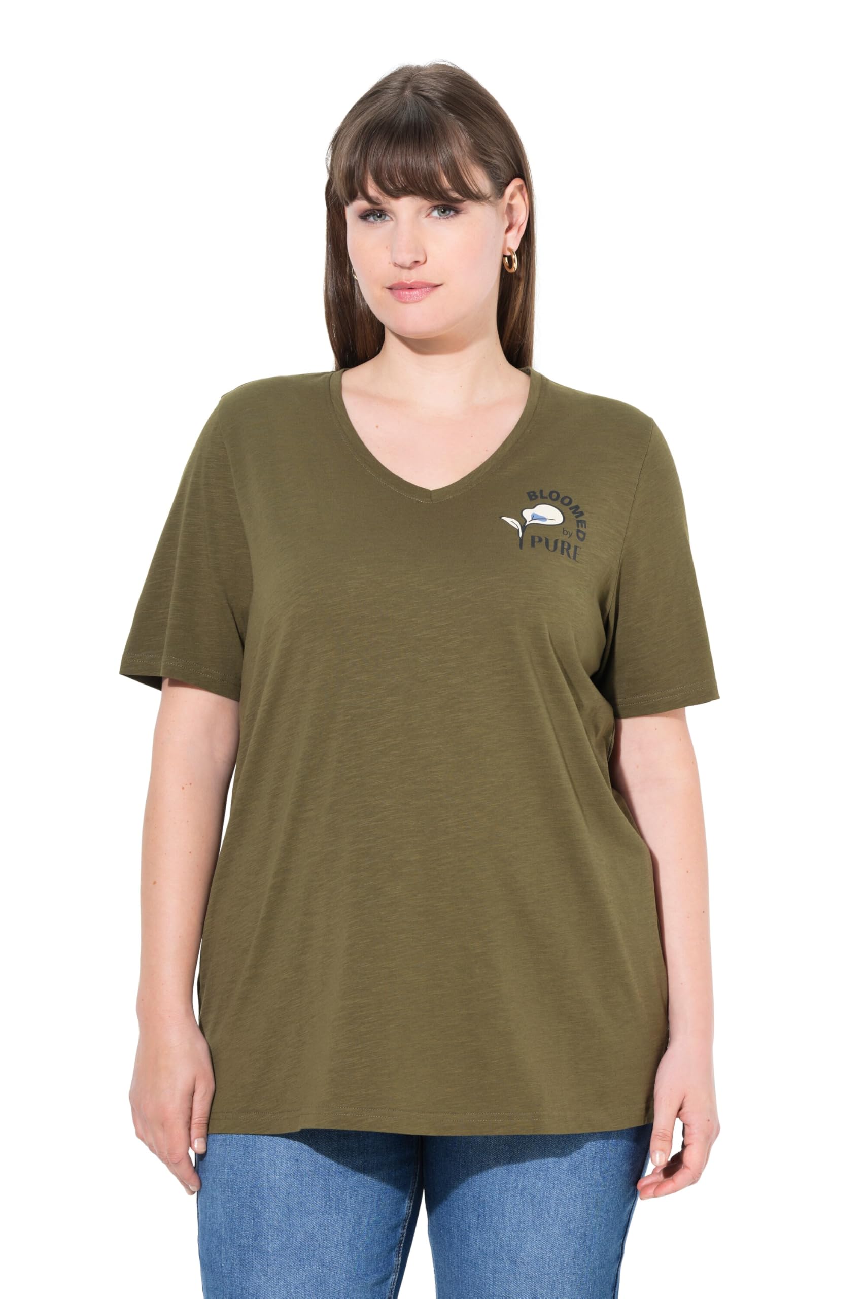 Ulla Popken Damen große Größen Übergrößen Plus Size T-Shirt, Blüte, V-Ausschnitt, Halbarm, Biobaumwolle 841598