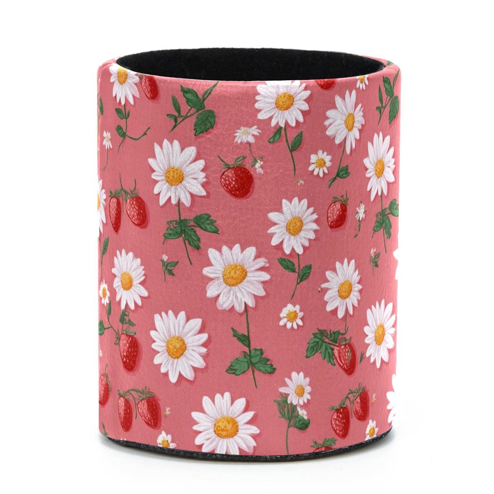 VAPOKF Round Pencil Holders for Desk, Strawberries and Daisies Pen Holders Pen Pot Makeup Brushes Storage Desktop Stationery Supplies Organiser for Home Office