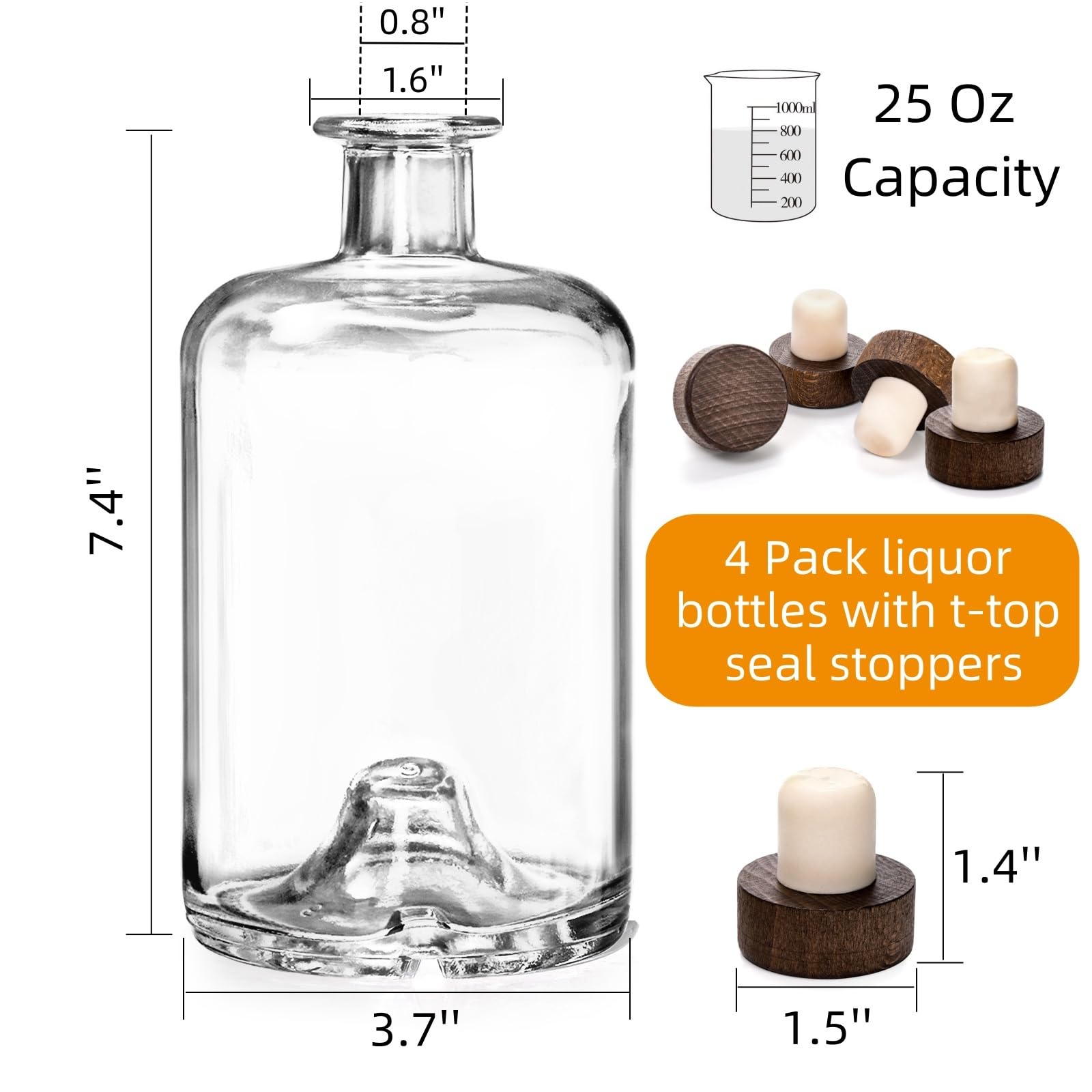 WRINGKIT Paquete de 4 botellas de licor de vidrio, botellas de vino transparentes de 25 onzas con tapón de corcho en T, dispensador de botellas de whisky de vodka de base pesada para bebidas, bebidas,