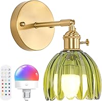 Vista 1 de Vintage Battery Operated Wall Sconce with Cute Green Tulip Glass Lampshade Wireless Rechargeable Battery Powered Wall Light with Remote Control for