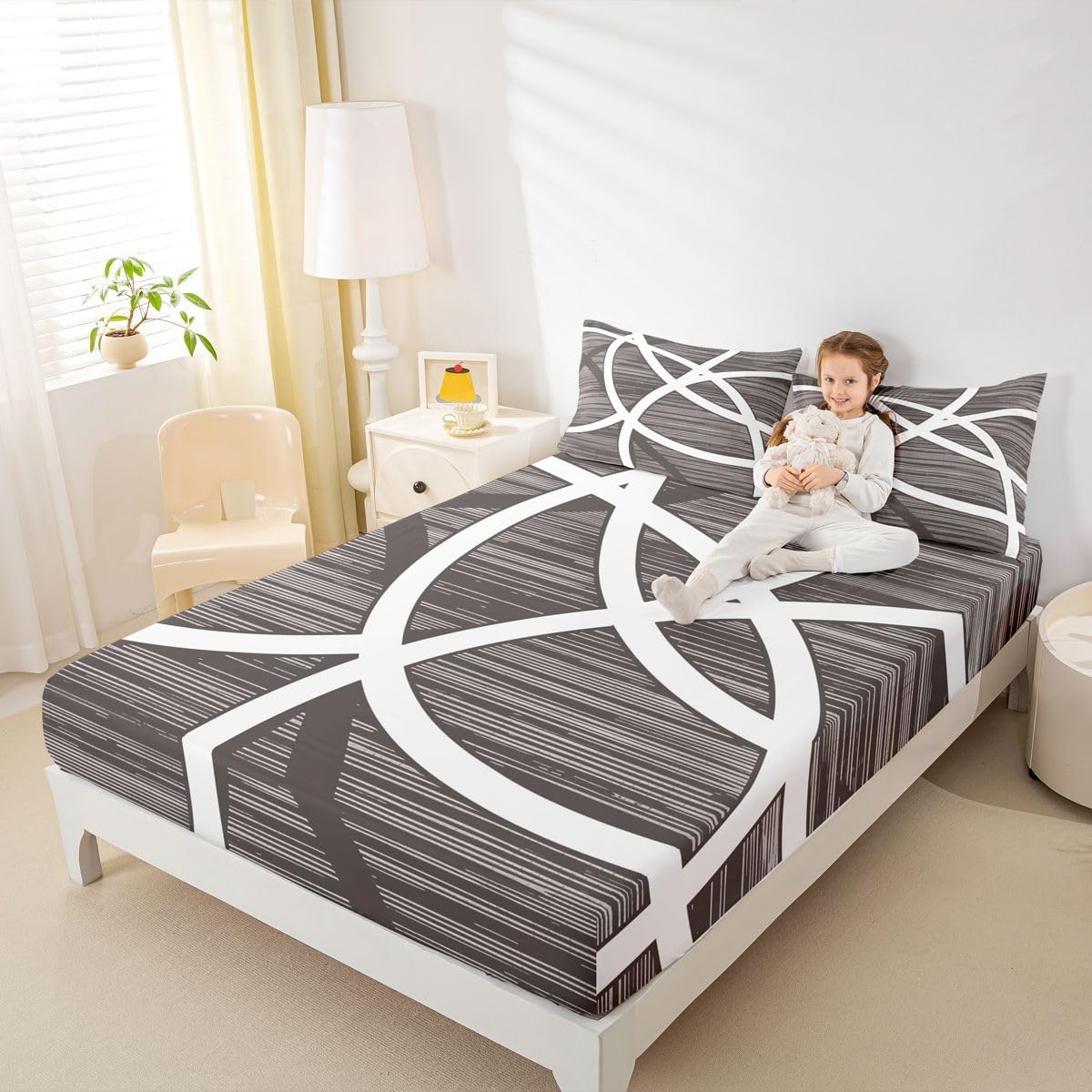 Feelyou Abstract Neutral Art Bed Sheets Set Full Size Abstract Lines Bed Set for Kids Boys Girls Modern Deep Pocket Fitted Sheet Breathable Soft Lightweight Microfiber