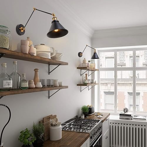 Miniatura 3 de Paquete de 2 apliques de pared negros, lámpara de pared con brazo oscilante ajustable con enchufe industrial moderno o cableado con acabado de latón