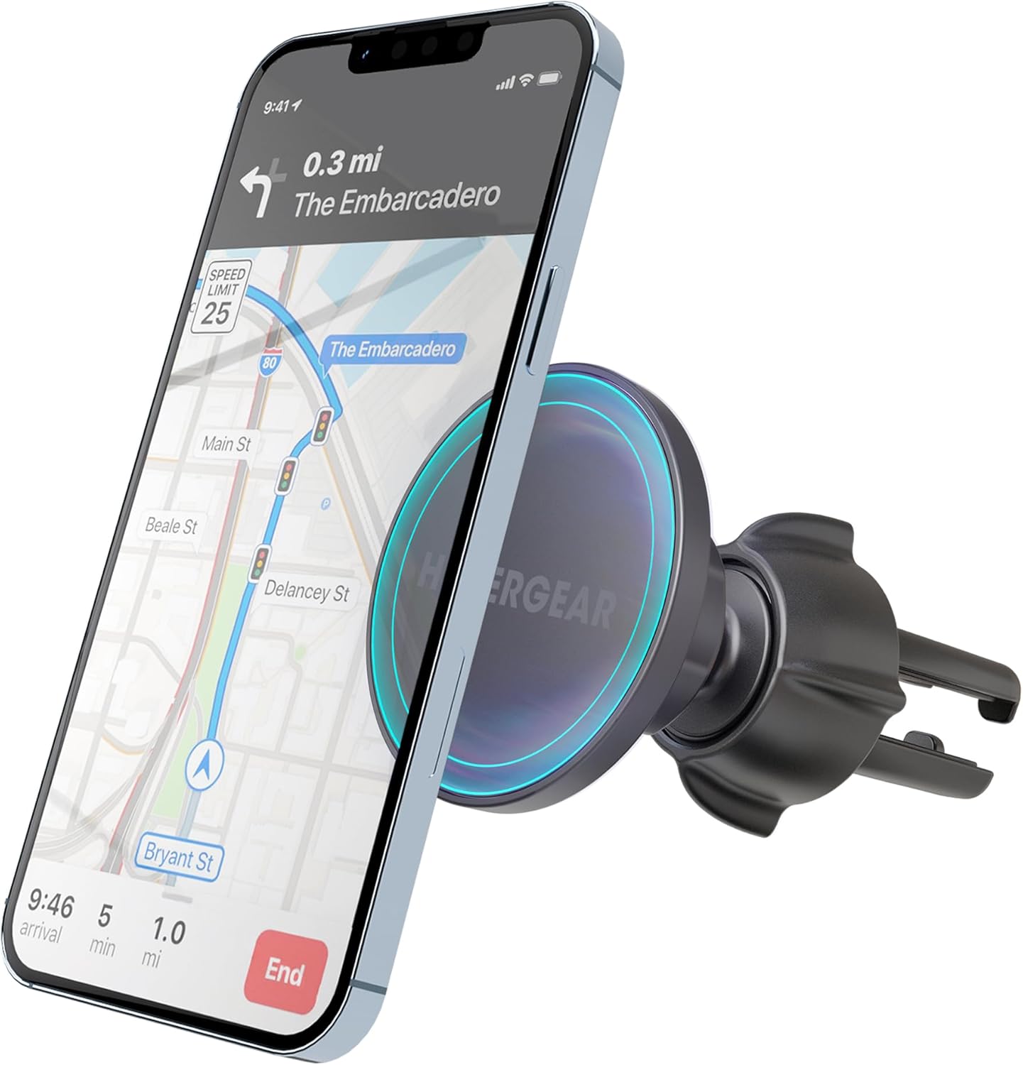 HyperGear MagSafe Magnetic Phone Holder Car Mount with a smartphone displaying a navigation app, mounted on a car's air vent.