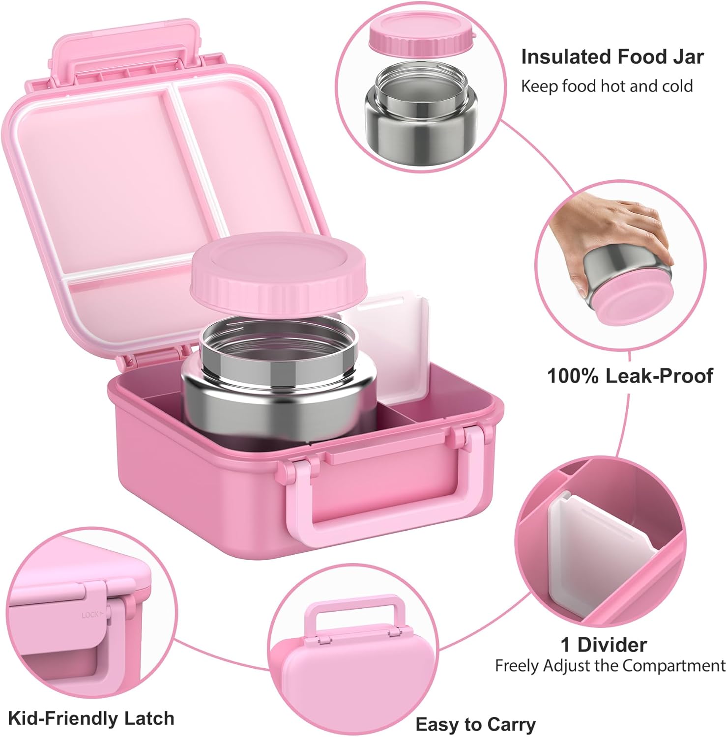 Bento Box for Kids with Soup Thermos(9oz)– Kid Bento Lunch Box with Leak Proof Insulated Food Jar, Hot & Cold Lunch Container Set for School Girls Boys, 4-Compartments, Dishwasher Safe, Pink - Image 8