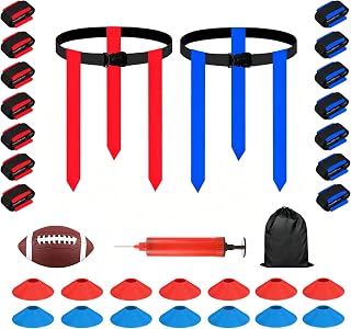 ASelected Flag Football Set, 14 Player Flag Football Belts Adjustable, Flags Footballs Kit with Cones, Ball, Bag, Air Pump for Youth, Adult
