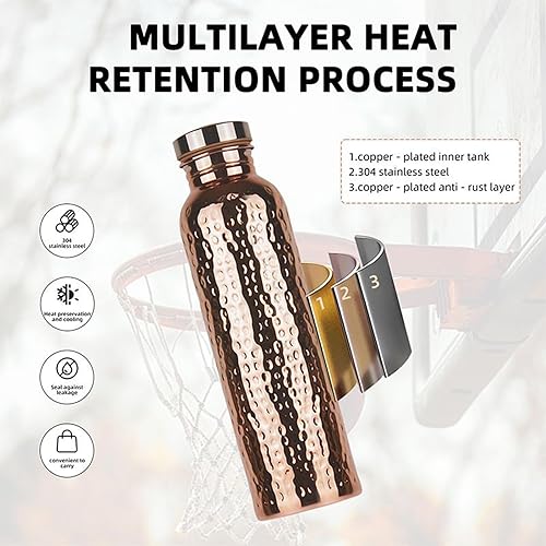 Miniatura 6 de Botella de agua de cobre puro de 27.1 fl oz (27 onzas), hecha a mano, a prueba de fugas, botella de agua de cobre puro ayurvédica, a prueba de
