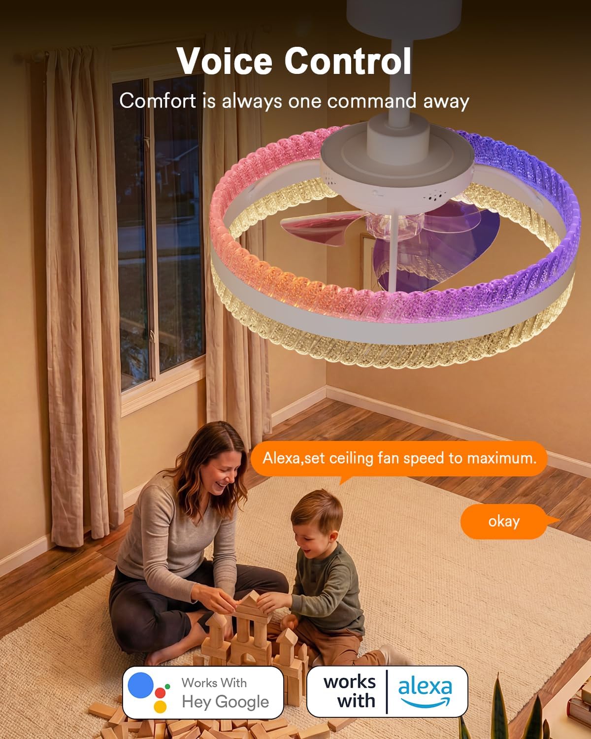 Lumary Smart Ceiling Fans with Lights, RGBAI Rainbow Flow Lighting with Feather Projection, Flush Mount/Downrod for Low Profile or High Ceilings, Modern Bladeless Crystal Fan Light for Bedroom, 20in