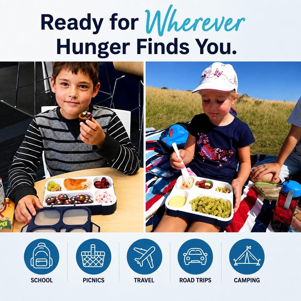 Bento Lunch Box Snack Containers for Kids Boys Girls Adults, 6 Divided Compartments - School, Daycare, Leak Proof Meal Planning Portion Control, BPA-Free Boxes, Utensils, Navy Blue