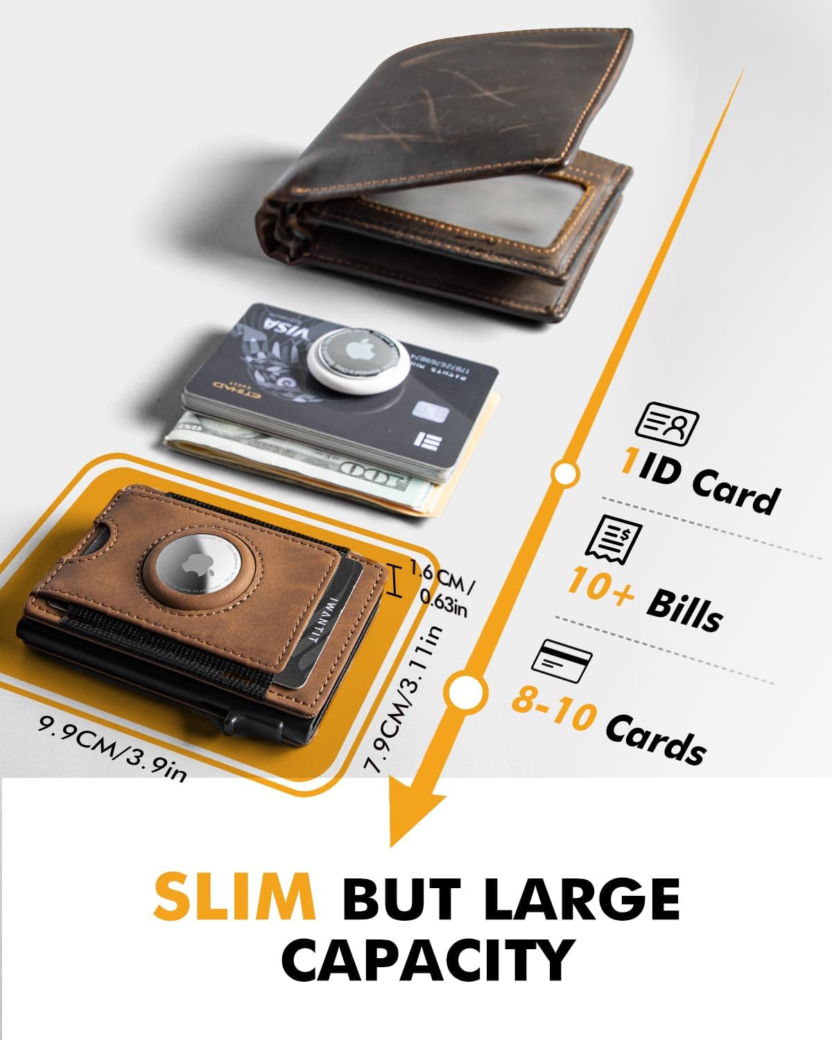 IW Wallet with Airtag Holder for Men: Pop Up Bifold Wallet with Detachable Money Clip ID Window for Air Tag(1st & 2nd Generation) - RFID Blocking for Card Cash - Valentine's Day Gift(Light Brown) - Image 2