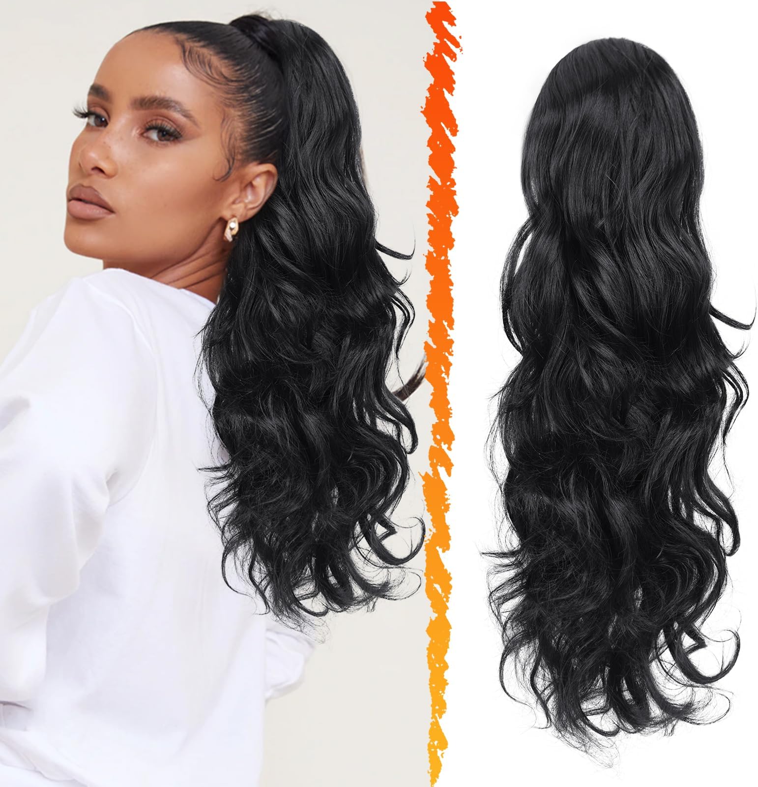 BARSDAR Black Ponytail Extension - Drawstring Ponytail Hair Extensions for Women 20 Inch Curly Wavy Ponytails - Synthetic Clip in Pony Tails Hairpieces Fake Pony Tails - Natural Black