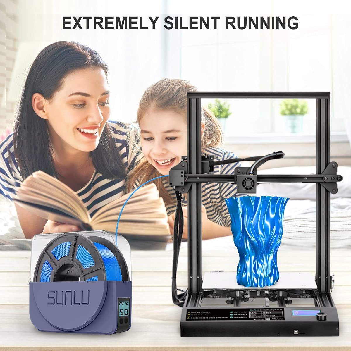 SUNLU Filament Dryer, Filament Storage Box, 3D Printer Dry Box, Make The Moisture-Absorbed(Wet) Filament Good Again, Compatible with PETG TPU ABS PLA Filament, Spool Holder, Grey Blue