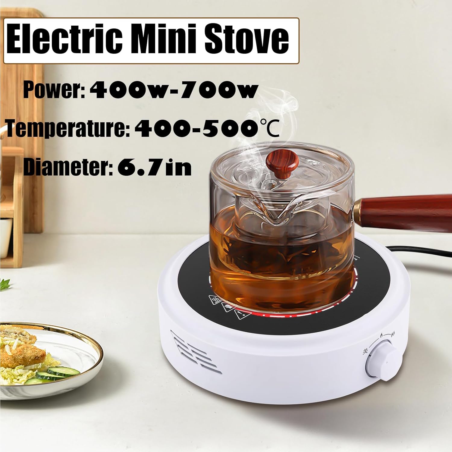 Electric Mini Stove Portable Hot Plate, 110V 700W Electric Heater with Adjustable Power for Teapot/Kettles/Ceramic/Glass Kettle, Electric Stove for Boiling Water, Single Burner (White)