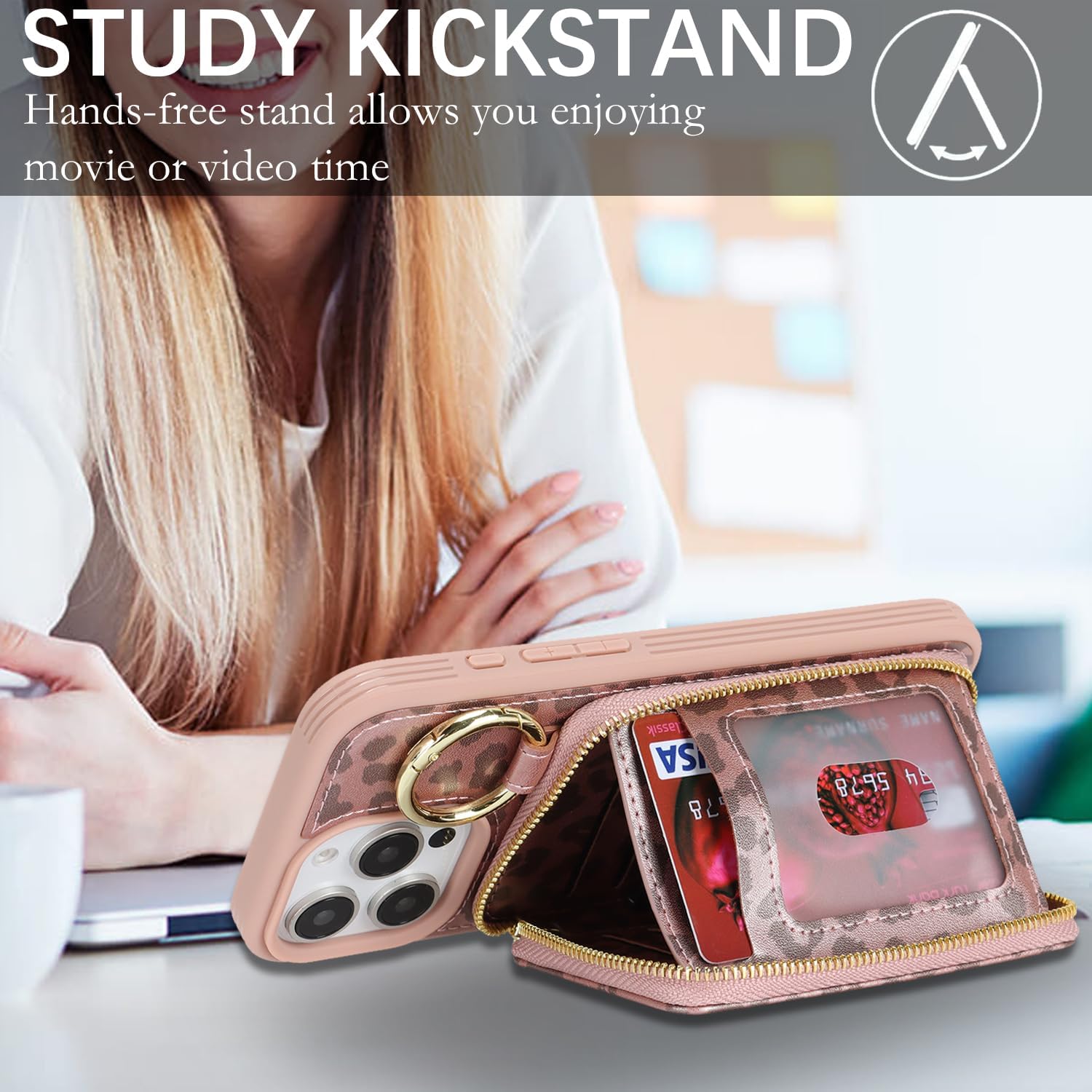 for iPhone 16 Pro Case Wallet with Card Holder,for iPhone 16 Pro Phone case Wallet with Zipper with Slot Kickstand Stand Case for Women and Man 5G 6.3 Inch-Rose Gold Leopard