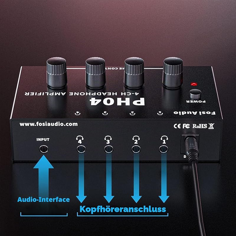 Amplificator pentru căști stereo Fosi Audio PH04 cu 4 canale, din metal, distribuitor portabil pentru căști cu adaptor 12V 1,5A pentru studio și scenă
