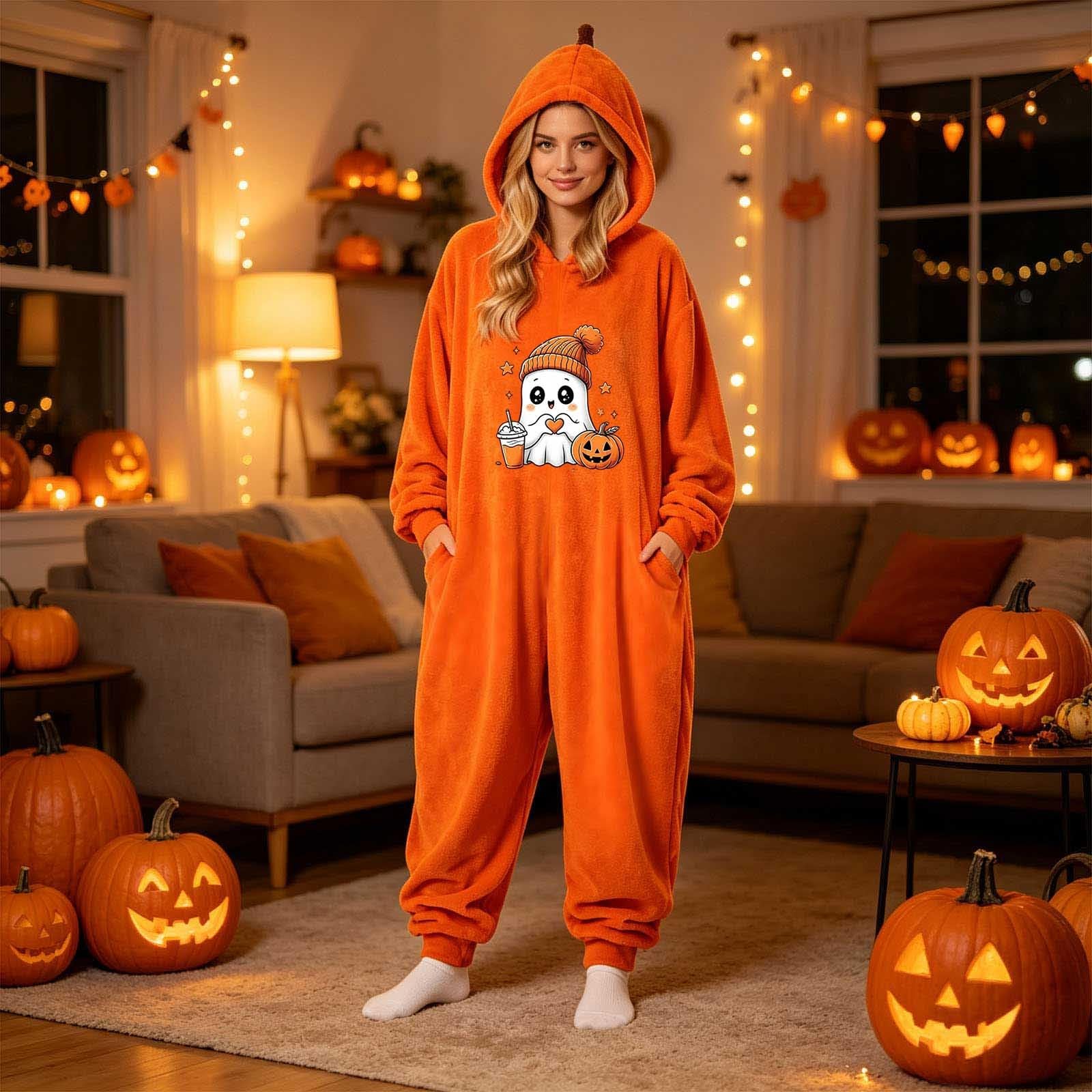 Pigiama Halloween Adulto Tuta Intera Zucca con Cappuccio e Zip Chiusura con Zip Pratica, Pigiama Halloween Intero, Tuta Zucca con Cappuccio per Casa e Feste