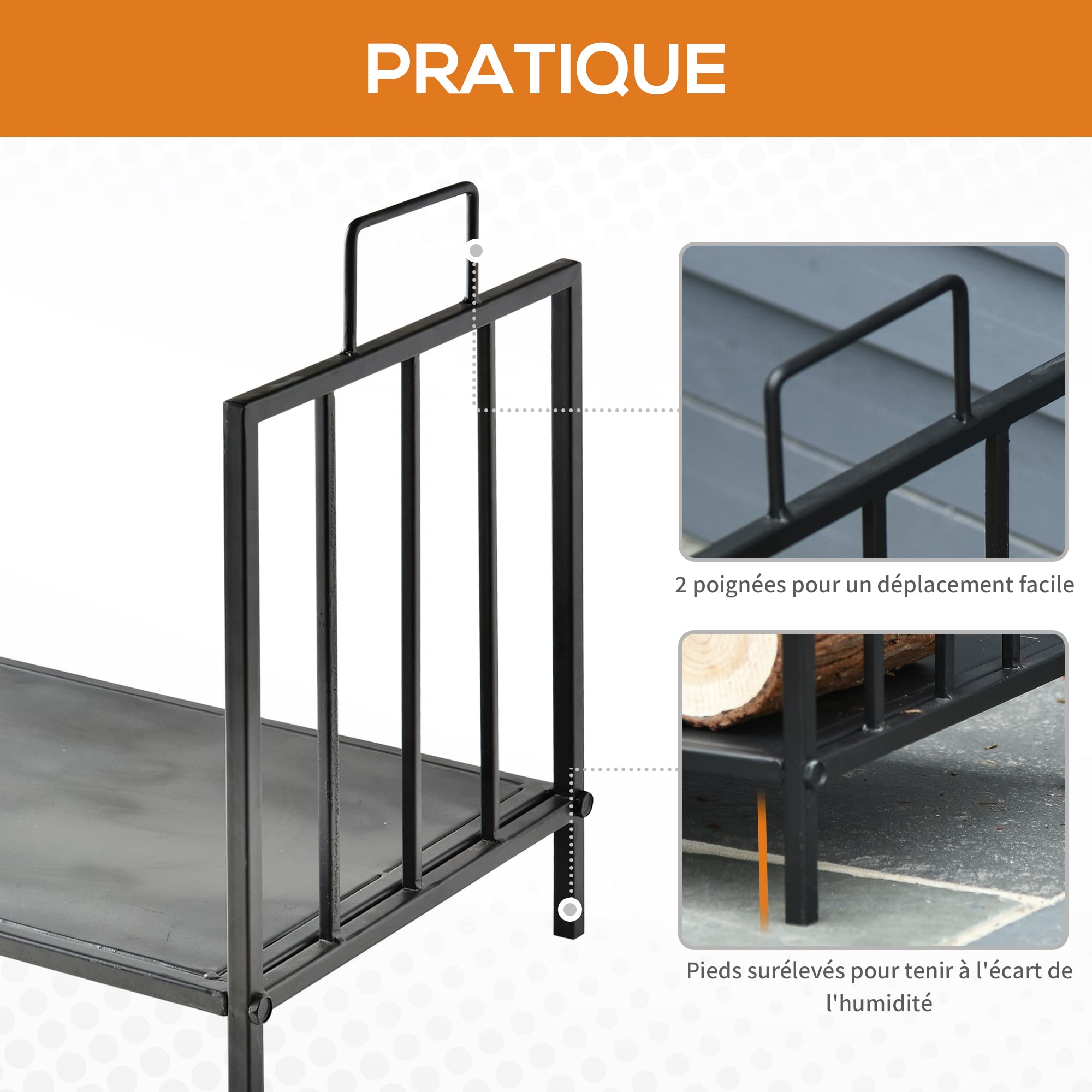 HOMCOM Range bûches Porte-bûches Etagère porte bois de cheminée charge max. 15 Kg dim. 44L x 33l x 46H cm métal époxy noir