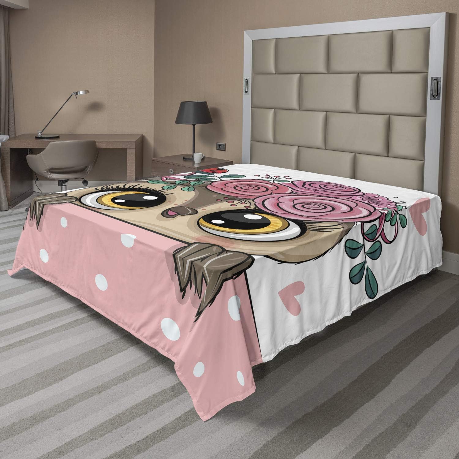 Ambesonne Animals Flat Sheet, Cartoon Owls with Flowers on Ladybird and Small Hearts Polka Dots, Soft and Comfortable Top Sheet Decorative Bedding 1 Piece, Full Size, Pastel Pink and Multicolor