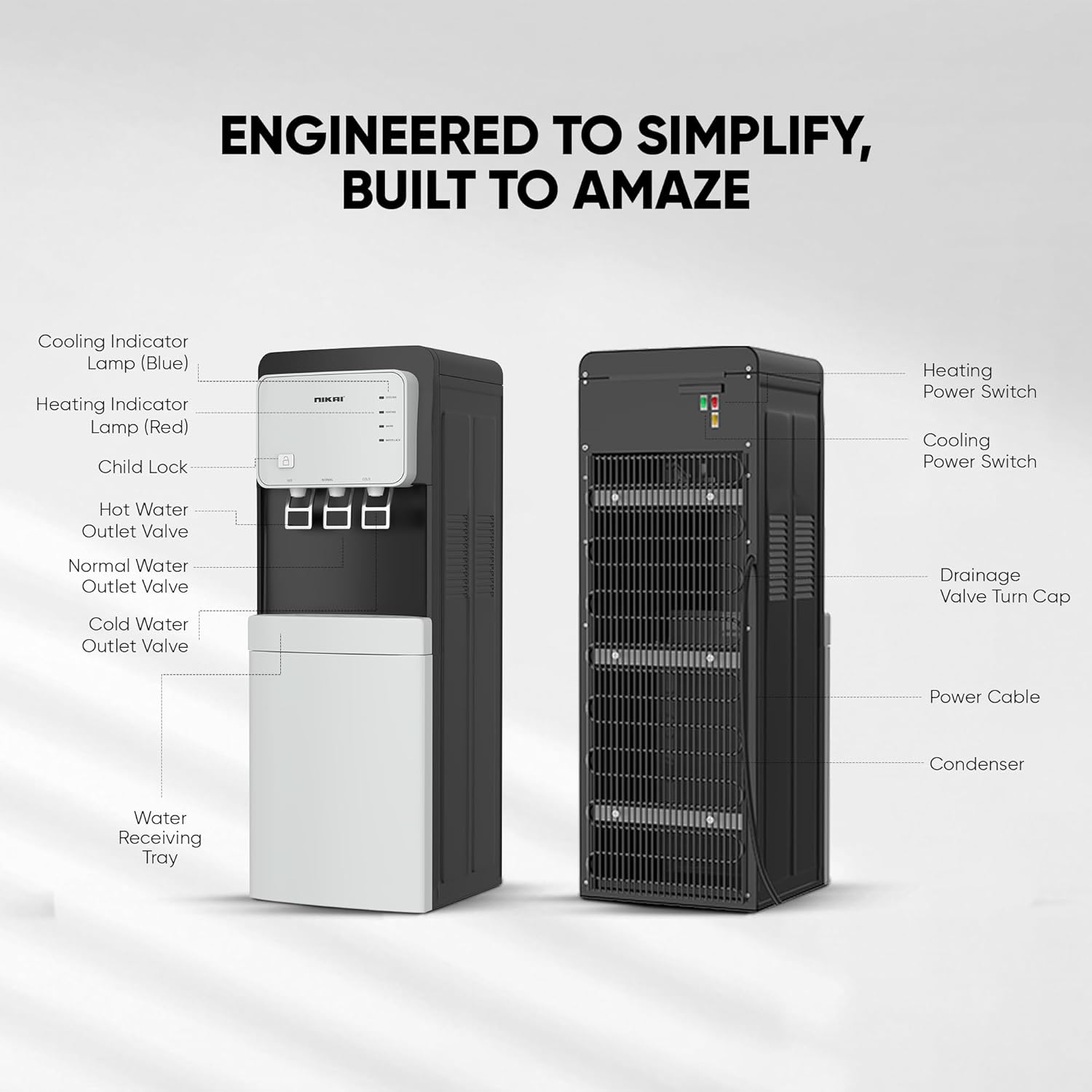 Diagram of Nikai NWD2000BL Water Dispenser components, front and back